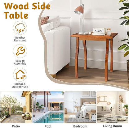 Outvita Outdoor Side Table, Acacia Wooden End Table Small Coffee Table for Patio Balcony Garden Living Room Bedroom Sturdy (Striped Tabletop- Curved Legs)