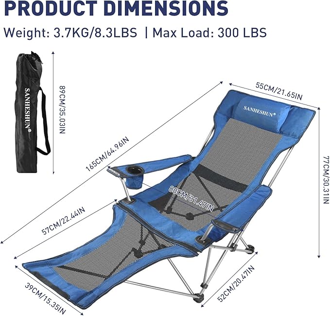 Zero Gravity Chair, Reclining Camping Chair with Padded Pillow, Cup Holder, Storage Pocket & Carry Bag, 4-in-1 Portable Camping Recliner for Outdoor, Beach, Garden, and Backyard - Blue Mesh