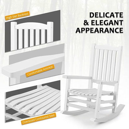 Wooden Rocking Chair Outdoor Oversized Porch Rocker Chair,Patio Wooden Rocker with High Back and Armrest,All Weather Rocker Slatted for Backyard,Garden,400 lbs Support,White
