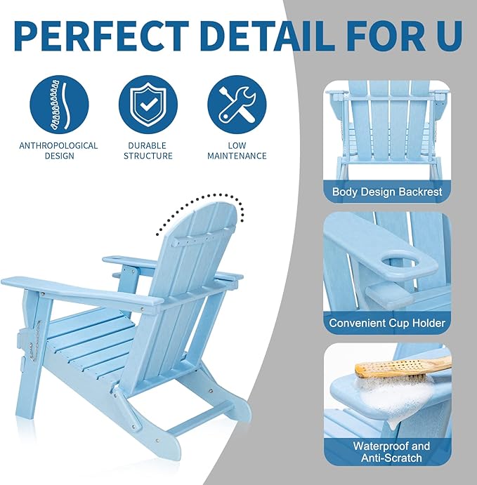 VINGLI Plastic Adirondack Chairs Set of 2, Folding with Cup Holder, Waterproof HDPE Material - Photo 6