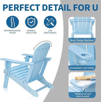 VINGLI Plastic Adirondack Chairs Set of 2, Folding with Cup Holder, Waterproof HDPE Material, Comfortable 380lb Weight Capacity for Outdoor Pool Patio Lounge Chair Lawn Furniture Firepit (Blue)