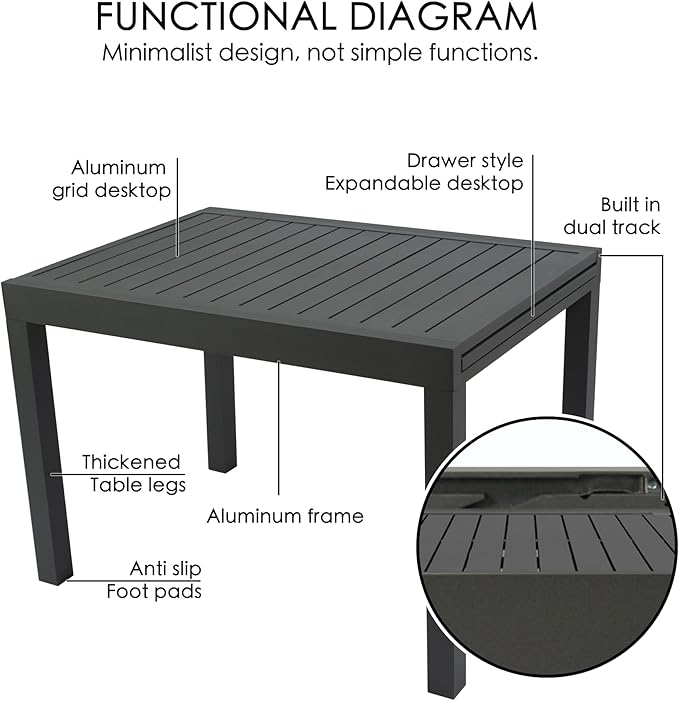 Kozyard Expandable Outdoor Patio Dining Table, 43"–86.6" Adjustable Length, All-Aluminum Frame, Weather & Rust Resistant, for Backyard, Porch, Deck, Garden, Gray