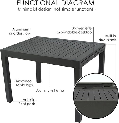 Kozyard Expandable Outdoor Patio Dining Table, 43"–86.6" Adjustable Length, All-Aluminum Frame, Weather & Rust Resistant, for Backyard, Porch, Deck, Garden, Gray
