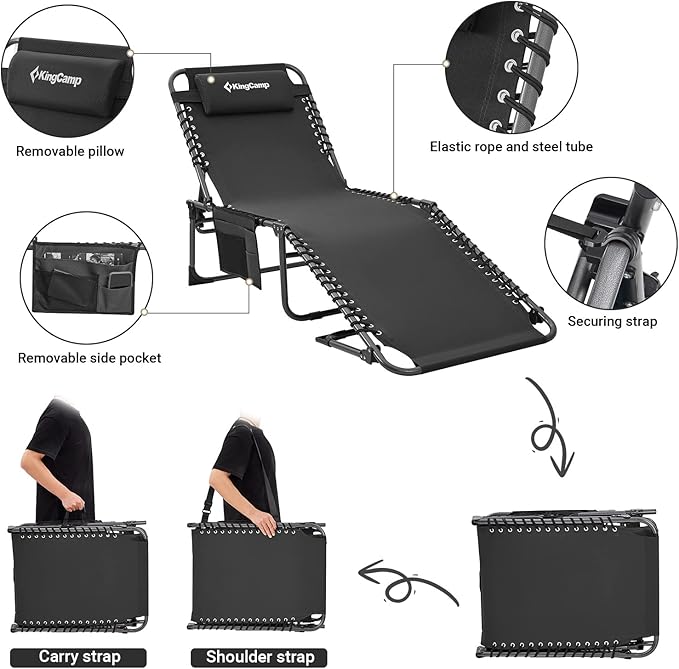 KingCamp Folding Outside Patio Lounge Chair Adjustable 5-Position Adults Reclining Folding Chaise with Pillow, for Patio - Photo 4