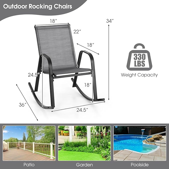 Giantex Outdoor Rocking Chairs Set of 2, Patio Rocking Chairs w/Breathable Seat & Back, Heavy-Duty Metal Support, Ergonomic Outside Rocker for Backyard, Poolside, Garden (2, Grey)