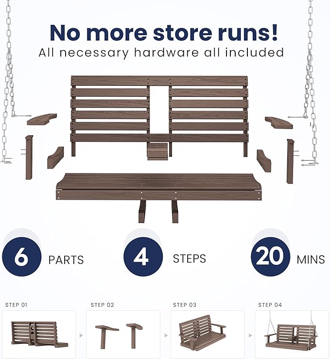 KINGYES Outdoor Hanging Porch Swing Set of 2, Waterproof Swing with Cup Holders for Courtyard & Garden - Photo 6