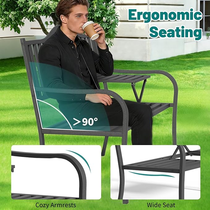 2 in 1 Metal Bench Patio Bench, Outdoor Benches Weatherproof with Folding Middle Table - Photo 7