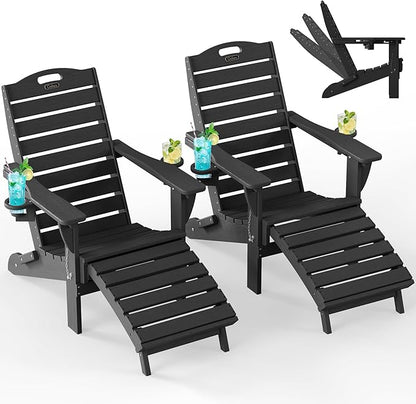 Ciokea Folding Adirondack Chair Set of 2 with Retractable Ottoman, Outdoor Fire Pit Chair with Pull Out Foot Rest Weather Resistant Lawn Patio Chair with 2 Cup Holder (Black)