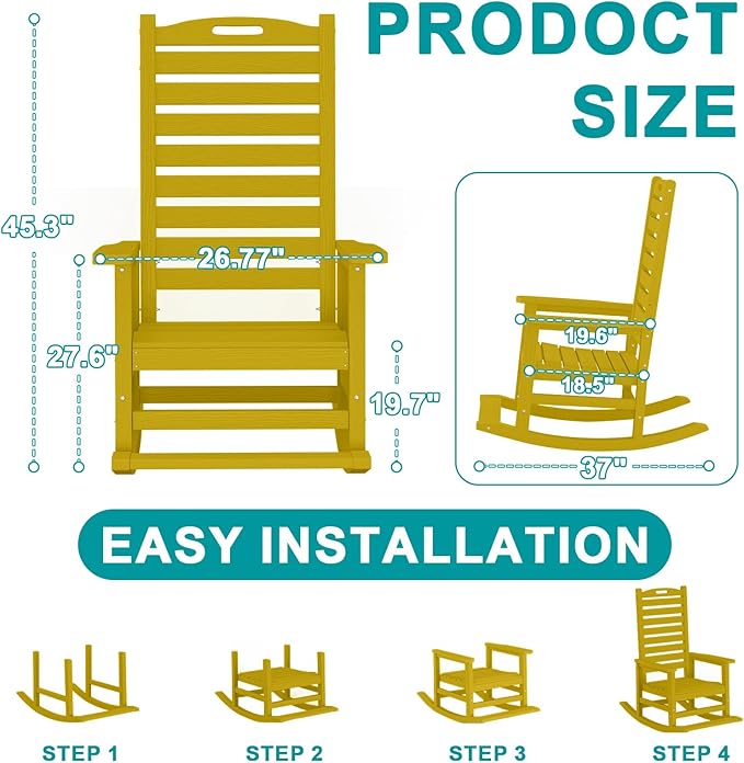 PLUUV Outdoor Rocking Chair Set of 2 with Removable Footboard for Adults, HDPE High Back Patio Rocking Chairs, 330lbs All Weather Porch Rocking Chairs for Outdoor & Indoor -Yellow