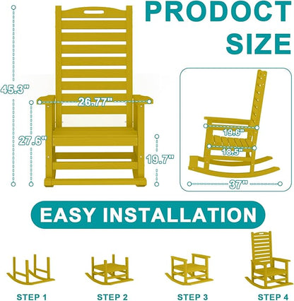 PLUUV Outdoor Rocking Chair Set of 2 with Removable Footboard for Adults, HDPE High Back Patio Rocking Chairs, 330lbs All Weather Porch Rocking Chairs for Outdoor & Indoor -Yellow