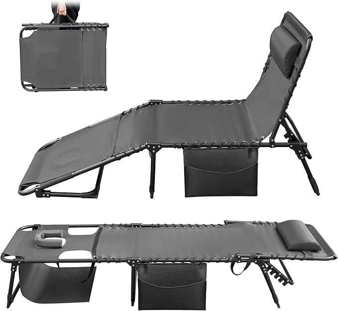 Greesum Chaise Lounge Folding Tanning Chair with 5 Position Adjustable Back, Detachable Pillow & Pocket for Outside Pool, Beach, Sunbathing, Gray w/Face Hole