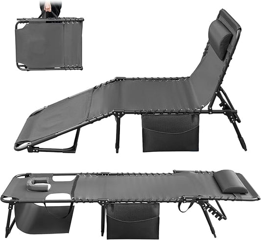 Greesum Chaise Lounge Folding Tanning Chair with 5 Position Adjustable Back, Detachable Pillow & Pocket for Outside Pool, Beach, Sunbathing, Gray w/Face Hole