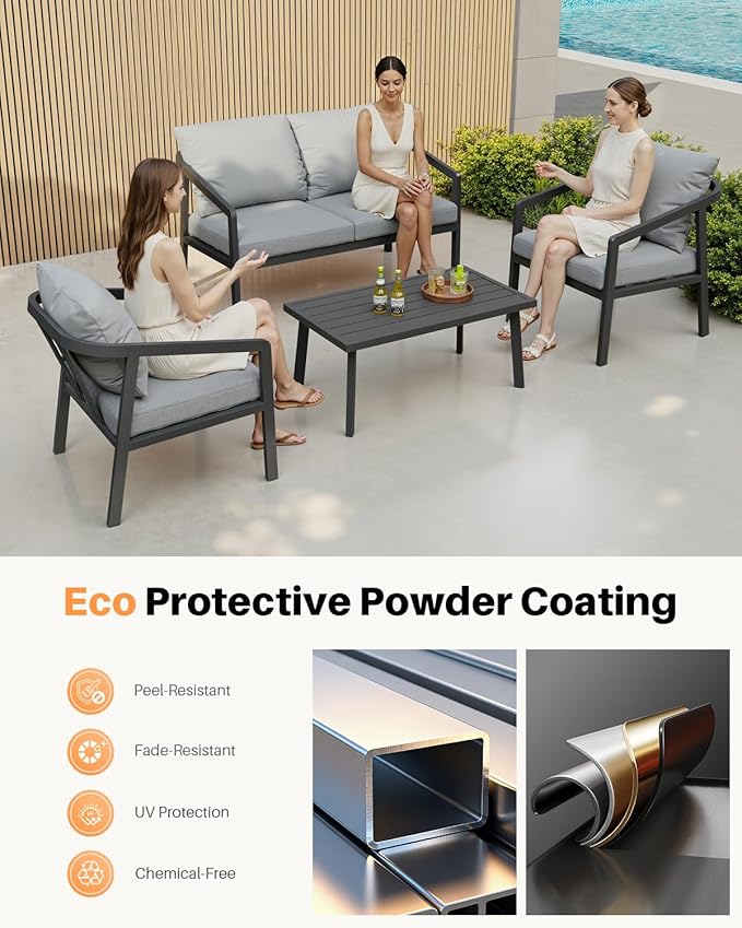 Outdoor Patio Loveseat, Never-Rust Aluminum Outdoor Loveseat Couch with Thick Cushions, Modern 2-Seater Patio Sofa Bench, Outdoor Sofa Loveseat Furniture for Backyard, Garden, Black | Never-Rust, Wraparound Design, Removable Cushions