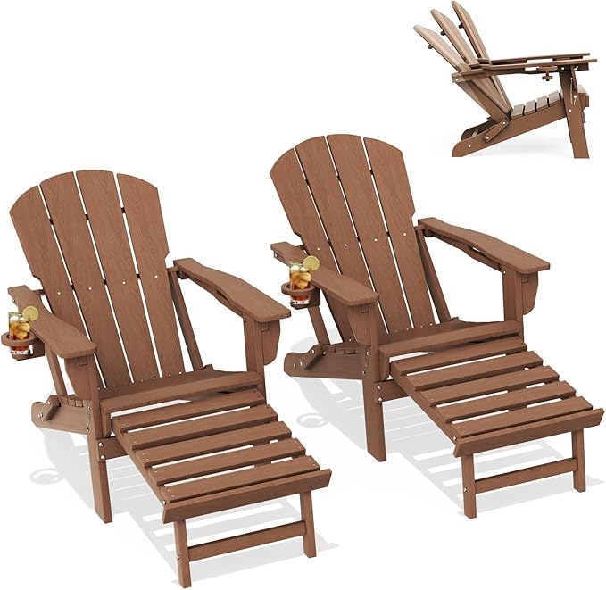 LOUNZY Folding Adjustable Adirondack Chair with Retractable Ottoman Set of 2,HDPE Recliner Adirondack Chair with Cup Holder for Deck Lawn Fire Pit, Brown