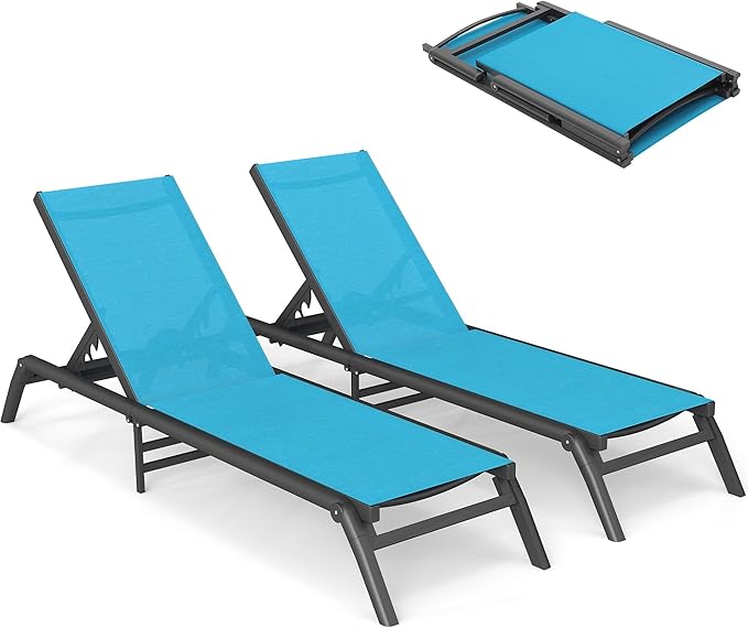 Outdoor Chaise Lounge Chairs Set of 2, No Assembly Required, 5-Position Adjustable Backrest, Foldable Lightweight Patio Lounge for Poolside, Deck, Lawn & Beach, Blue