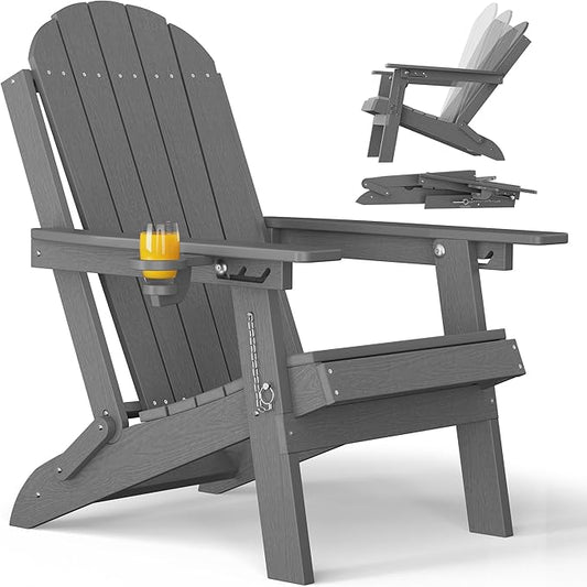 YEFU Folding Adirondack Chair for Outdoor: Plastic Foldable Fire Pit Chair with Cup Holders & Adjustable Backrest - Sturdy All-Weather HDPE for Outside Patio Poolside - Easy Assembly(Grey)