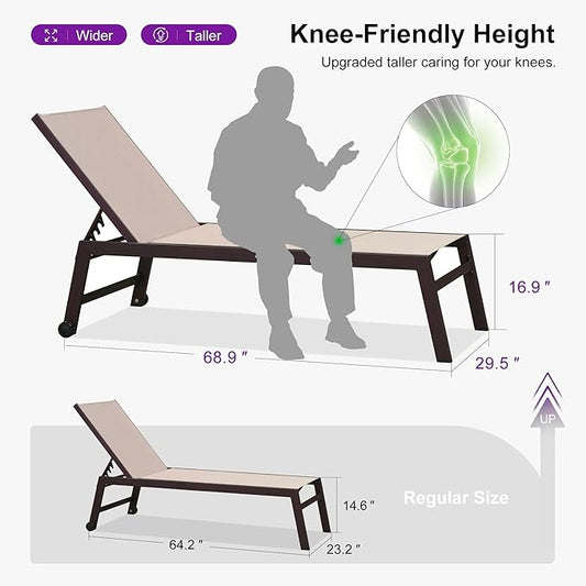 PURPLE LEAF Extra Large Outdoor Chaise Lounge Chairs Set of 2, Aluminum Oversized Patio Loungers with Side Table and Wheels for All Weather for Outside Deck, Lawn, Garden, Sand Beige