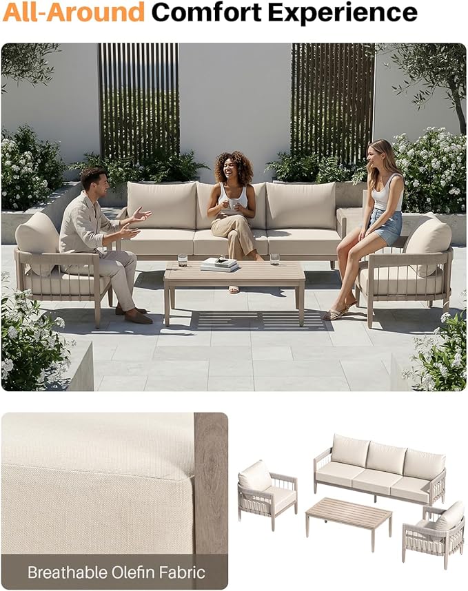 4-Piece Patio Furniture Set, Never-Rust Aluminum Patio Conversation Set, Outdoor Sofa Set with Faux Wood Grain Finish - Photo 4