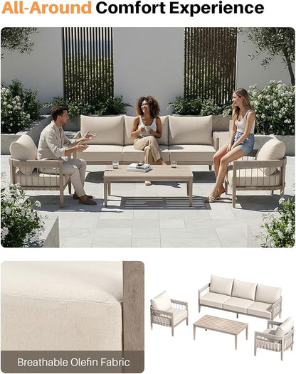 4-Piece Patio Furniture Set, Never-Rust Aluminum Patio Conversation Set, Outdoor Sofa Set with Faux Wood Grain Finish, Rope Weave Patio Sofa Set with Coffee Table for Backyard, Poolside, Deck | Never-Rust Aluminum, Faux Wood Grain, Rope Weave Craft, Wr...