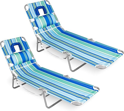 Romswi 2PK Folding Tanning Beach Chair with Face Hole, 5-Position Reclining Sun Lounger, Portable Face Down Tanning Chair with Arm Holes & Side Pocket for Beach, Pool, Patio, Teal and Aqua Stripe