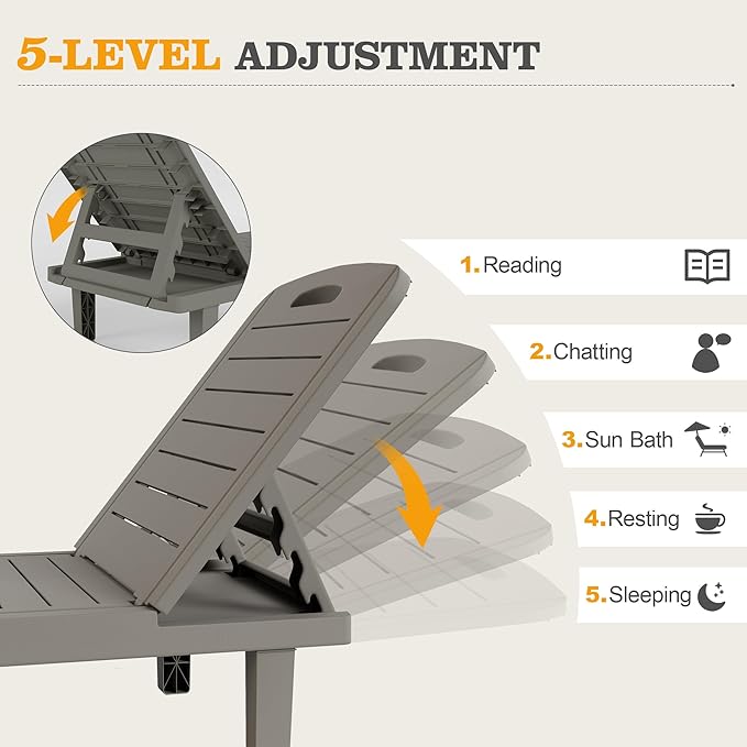 UPDATIO Outdoor Lounge Chair, Resin 5-Position Adjustable Reclining Chaise Lounge, Waterproof Patio Chairs for Pool, Beach, Lawn, and Garden