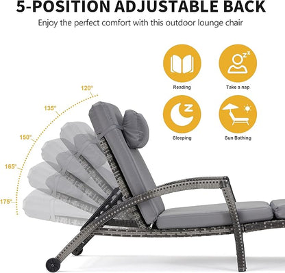 HOMREST Chaise Lounge Chairs Set of 2, PE Rattan Wicker Patio Lounge Chair with Adjustable 5 Position, Arm and Wheels for Poolside Backyard Deck Porch,Grey