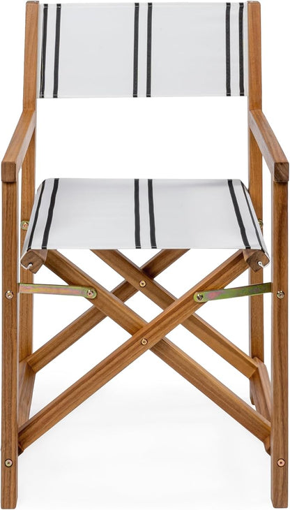 JONATHAN Y DRC1001B-SET2 Cukor Classic Vintage Outdoor Acacia Wood Folding Director Chair with Canvas Seat Mid-Century, Modern, Traditional, Classic, Coastal, White/Black Stripe/Teak Brown (Set of 2)