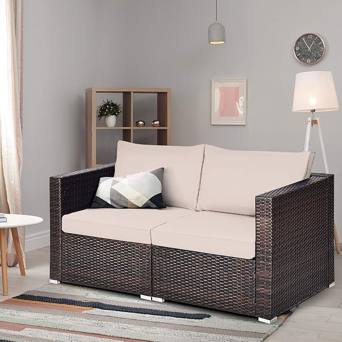 Tangkula Wicker Loveseat 2 Piece, Patio Furniture Couch with Removable Cushions, Rattan Loveseat Sofa for Balcony, Deck - Photo 5