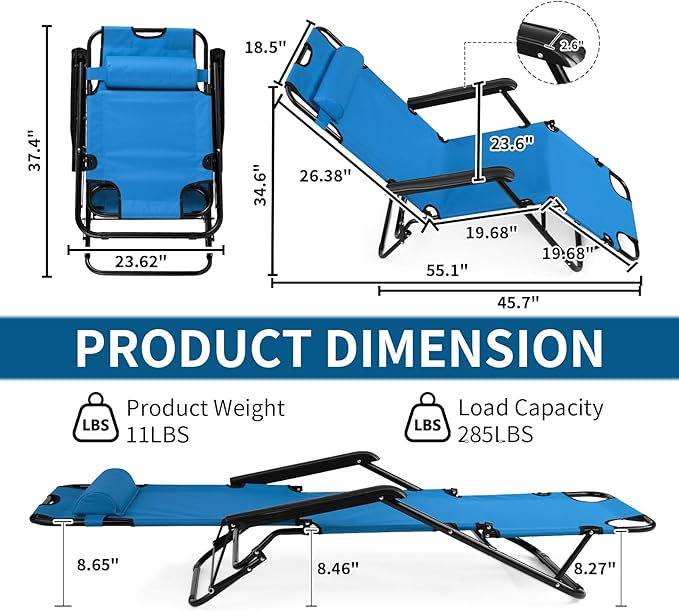 Outvita Folding Chaise Lounge Chair, Outdoor Adjustable Recliner Chair with Pillow for Camping, Beach, Poolside, Garden, Backyard, Lawn
