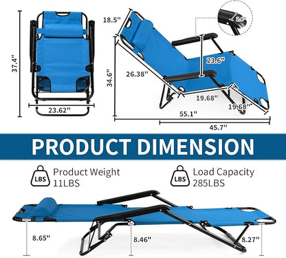 Outvita Folding Chaise Lounge Chair, Outdoor Adjustable Recliner Chair with Pillow for Camping, Beach, Poolside, Garden, Backyard, Lawn