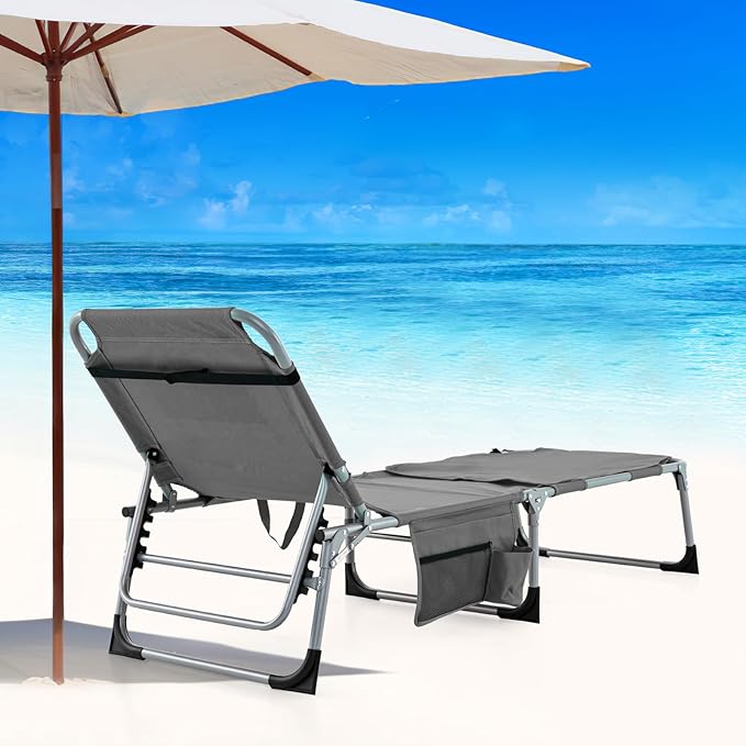 Goplus Tanning Chair, Folding Outdoor Beach Lounge Chair with Face & Arm Hole, Carrying Strap, Pillow - Photo 2