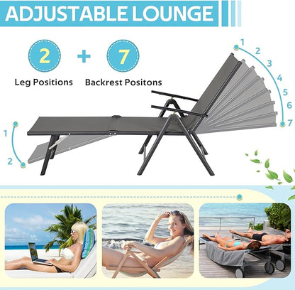 Esright Outdoor Chaise Lounge Set of 2, Adjustable Reclining Folding Pool Lounger for Poolside, Outside/370lb Weight Capacity, Grey