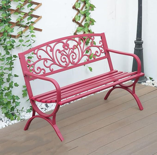 Weatherproof Metal Garden Bench with Floral Backrest - Slatted Patio Seating, Arch Legs for Outdoor Porch, Lawn, Balcony, and Garden (Red)