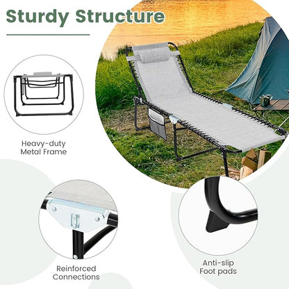 Tangkula Beach Lounge Chair for Outside, Folding Chaise Lounge Outdoor with 4-Position Backrest, Removable Headrest and Side Pocket, Portable Sunbathing Tanning Chair for Patio, Poolside (2, Grey)