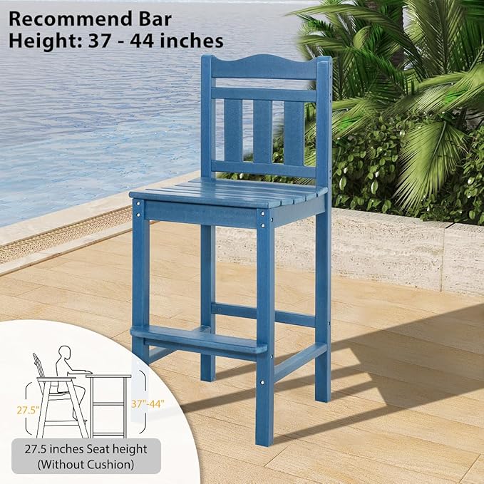 Sundale Outdoor Tall Adirondack Bar Chair Set of 2, HDPE Patio Bar Stools with Backrest, 27.5 Inch Seat Height Tall Bistro Dining Counter Stool, All-Weather Pub Height Chair, Navy Blue
