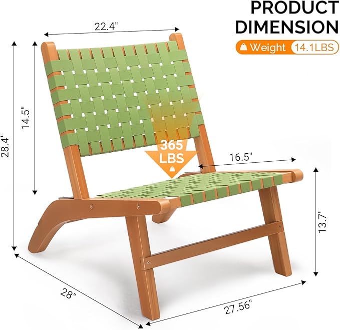 VINGLI Wooden Outdoor Chair, All-Weather Patio Seat with PE Woven Fabric, Adirondack Chair for Lawn, Balcony, Deck (1, Green and Brown)