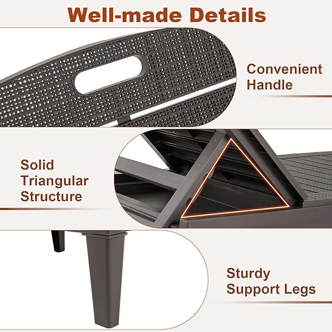 Tangkula Lounge Chair Outdoor Set of 2, Patio PP Pool Lounge Chairs with 5-Position Adjustable Backrests, Easy Assembly, Recliner Chaise Lounger for Poolside, Deck, Backyard, Porch (2, Brown)