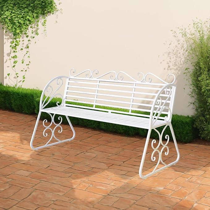 2-Seat Patio Porch Bench 45"，Outdoor Metal Garden Bench，Weather Proof Porch Path Chair，Patio Bench with Backrest and Armrests，Patio Bench for Lawn Path Yard Decor Deck Furniture(White)