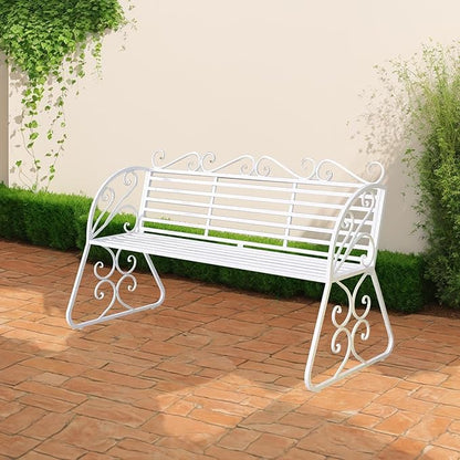 2-Seat Patio Porch Bench 45"，Outdoor Metal Garden Bench，Weather Proof Porch Path Chair，Patio Bench with Backrest and Armrests，Patio Bench for Lawn Path Yard Decor Deck Furniture(White)