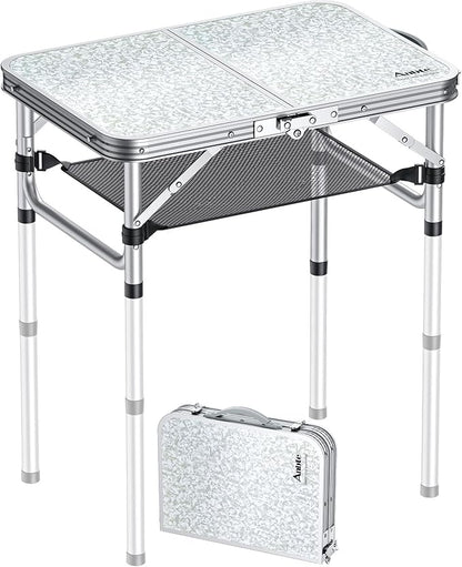 Anbte 2ft Camping Table Foldable, 3 Adjustable Heights 26.3" Aluminum Small Folding Table with Storage Net, Lightweight, Portable Handle for Travel Outdoor Beach Picnic, 23.2" x 16", Silver