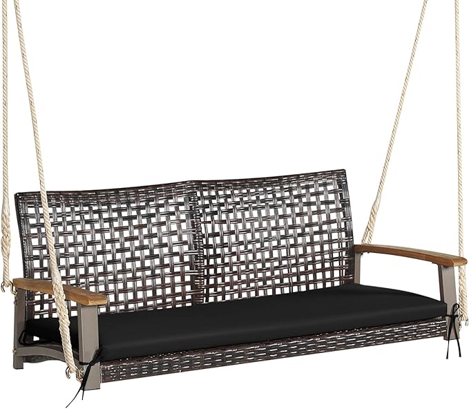 RELAX4LIFE 2-Seater Outdoor Porch Swing - PE Wicker Porch Loveseat Swing with 118” Hanging Ropes - Photo 1