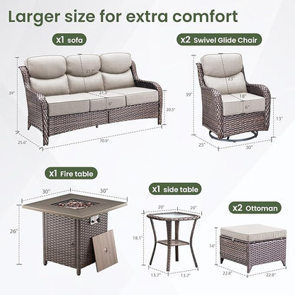 Luxury Patio Furniture Set with 6-inch Thick Cushion, Outdoor Furniture with Fire Pit Table, Swivel Chairs, Sofa, Side Table, Ottomans, 7pcs Wicker Conversation Set for Deck Yard and Poolside(Beige)
