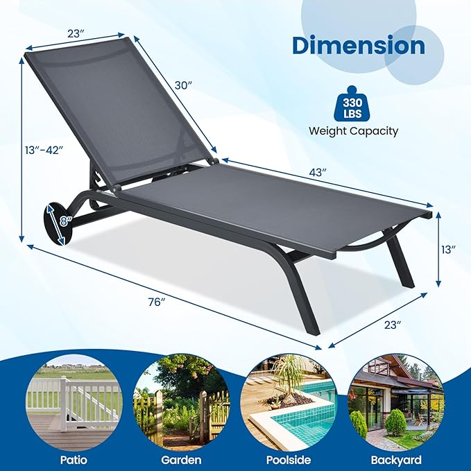 COSTWAY 2 PCS Outdoor Patio Chaise Lounge, 6-Position Adjustable Pool Lounger with Stable Aluminum Frame, Portable Sun Bathing Lounge Chair on Wheels for Backyard Garden, Grey