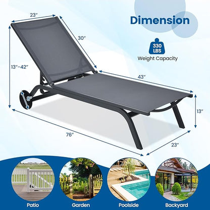 COSTWAY 2 PCS Outdoor Patio Chaise Lounge, 6-Position Adjustable Pool Lounger with Stable Aluminum Frame, Portable Sun Bathing Lounge Chair on Wheels for Backyard Garden, Grey