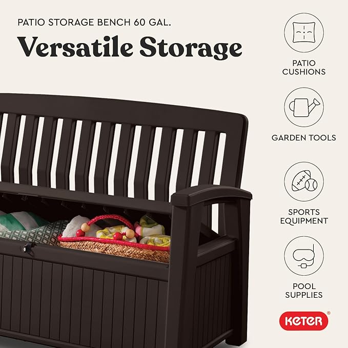 Keter 60 Gallon Storage Bench Deck Box for Patio Furniture, Front Porch Decor and Outdoor Seating – Perfect to Store Garden Tools