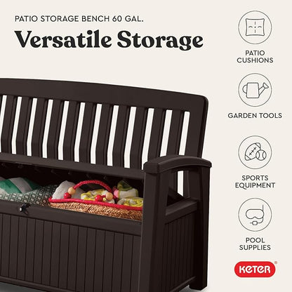 Keter 60 Gallon Storage Bench Deck Box for Patio Furniture, Front Porch Decor and Outdoor Seating – Perfect to Store Garden Tools
