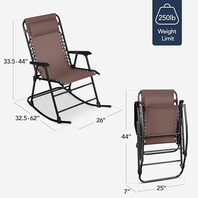 Best Choice Products Outdoor Folding Rocking Chair, Zero Gravity Lounge Chair, Patio Rocker w/Headrest Pillow - Brown - Photo 3