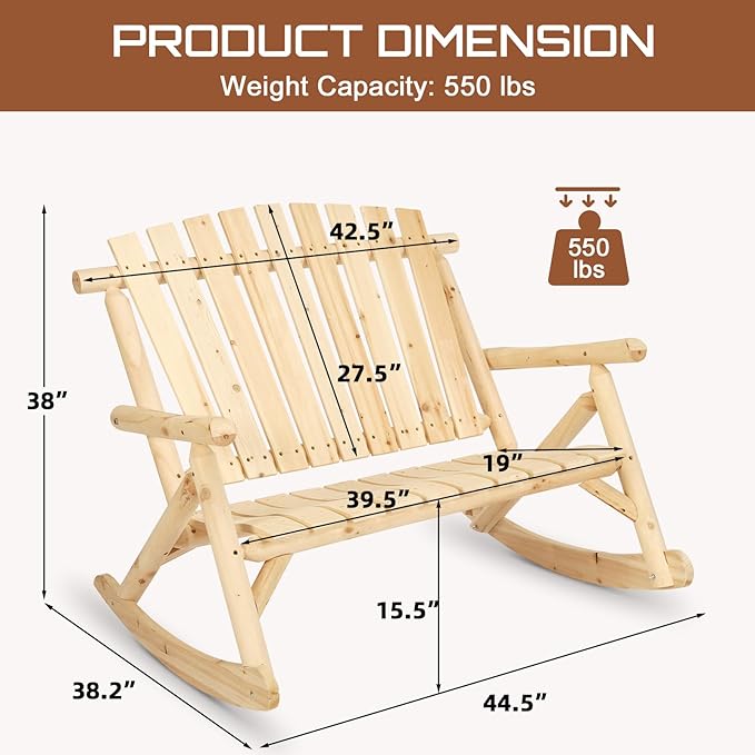 HOMEDIARY Outdoor Wood Rocking Bench, 2-Person Rustic Adirondack Log Rocker with Slatted Seat, High Backrest/Armrests, Double Wooden Patio Porch Rocking Loveseat for Garden Backyard Porch, Natural