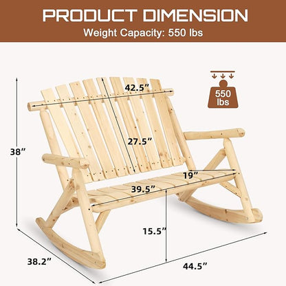 HOMEDIARY Outdoor Wood Rocking Bench, 2-Person Rustic Adirondack Log Rocker with Slatted Seat, High Backrest/Armrests, Double Wooden Patio Porch Rocking Loveseat for Garden Backyard Porch, Natural