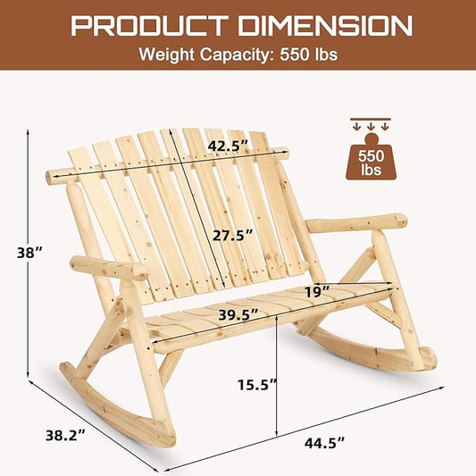 HOMEDIARY Outdoor Wood Rocking Bench, 2-Person Rustic Adirondack Log Rocker with Slatted Seat, High Backrest/Armrests, Double Wooden Patio Porch Rocking Loveseat for Garden Backyard Porch, Natural